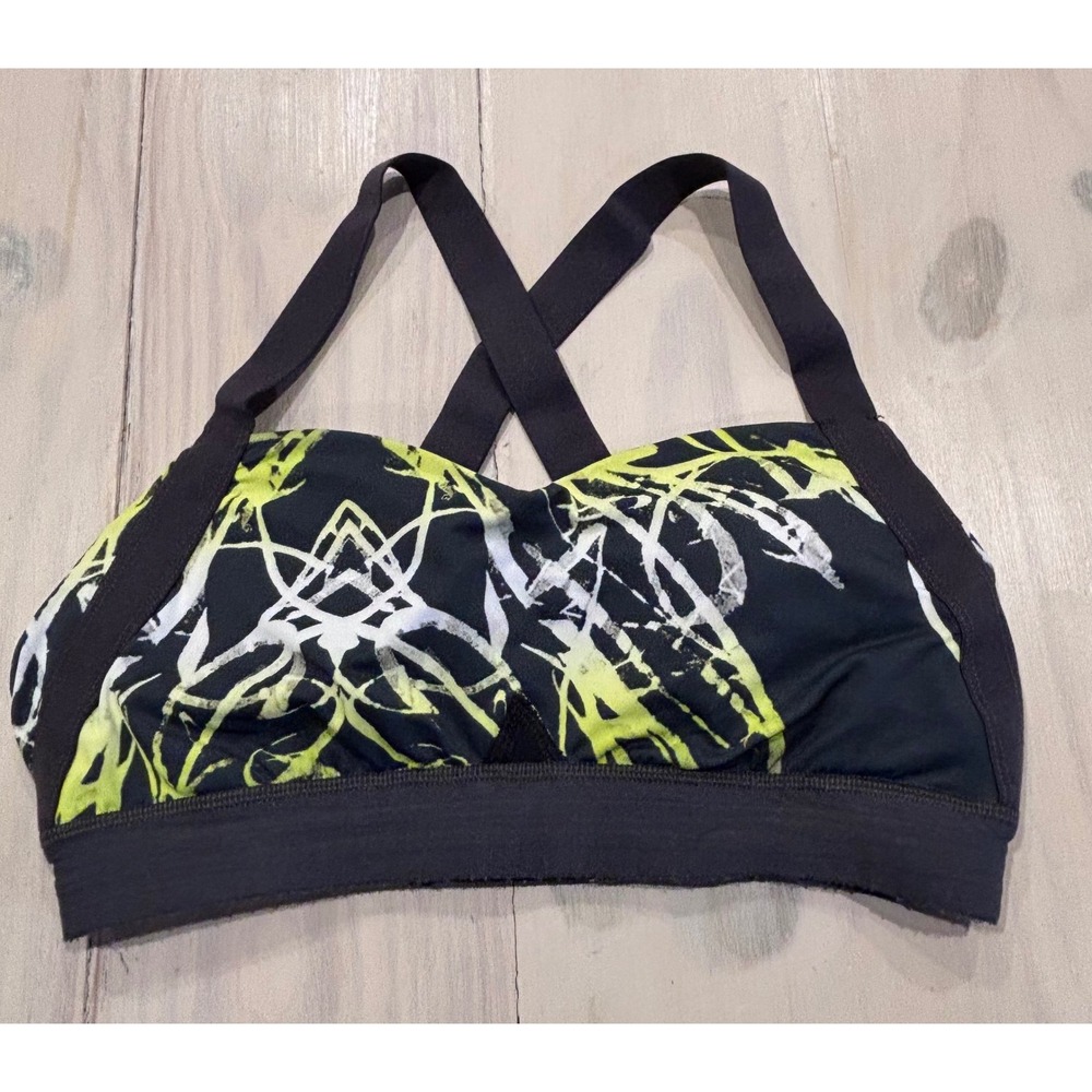 Zella Womens Medium Sports Bra Black Lime Green Abstract Print Adjustable Straps